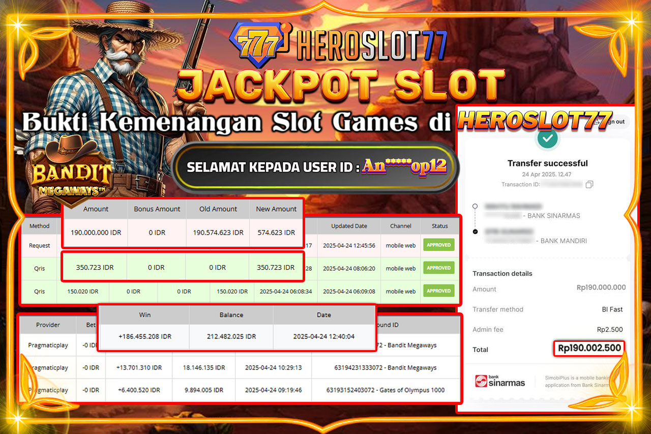 HEROSLOT77 JACKPOT BANDIT MEGAWAYS Rp.190.000.000,- LUNAS
