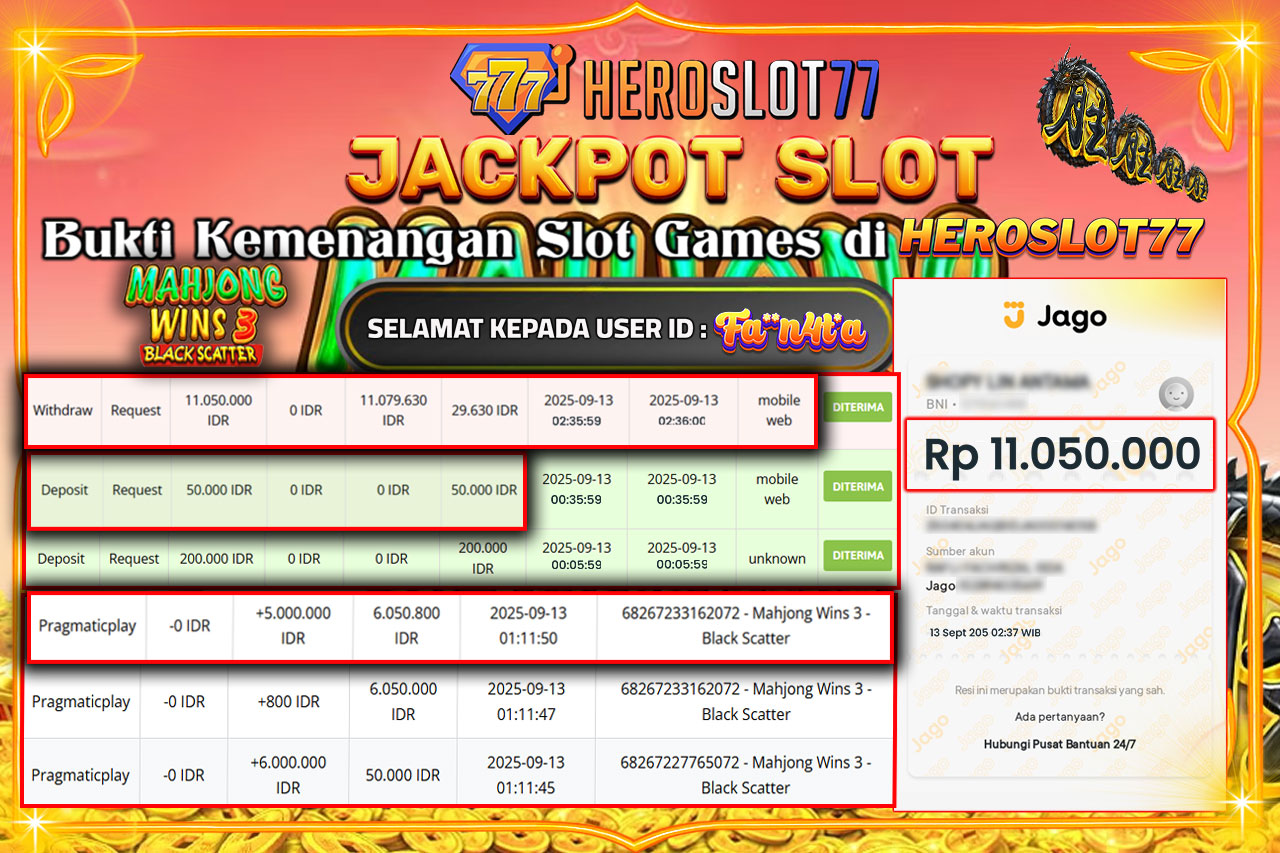 HEROSLOT77 JACKPOT SLOT MAHJONG WINS 3 BLACK SCATER Rp11.050.000,- LUNAS!!!